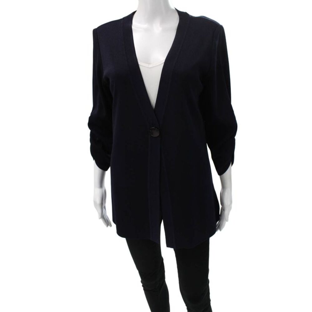 Exclusively Misook Womens Cardigan V-Neck 3/4 Sleeve Solid Blue Acrylic Size S